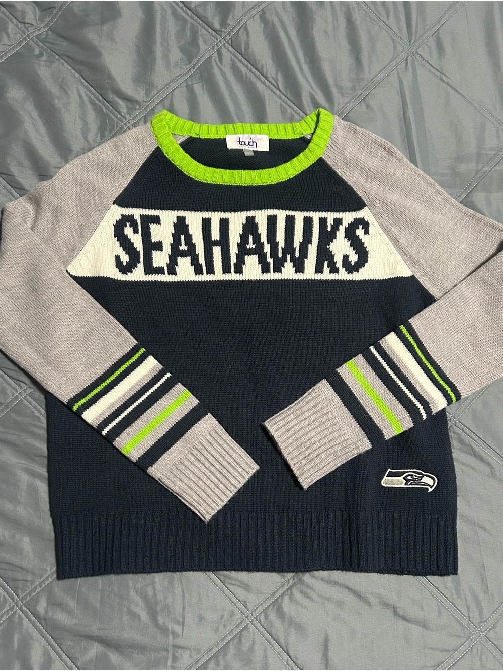 Touch by Alyssa Milano Navy, Gray & Lime Seahawks Crewneck Sweater